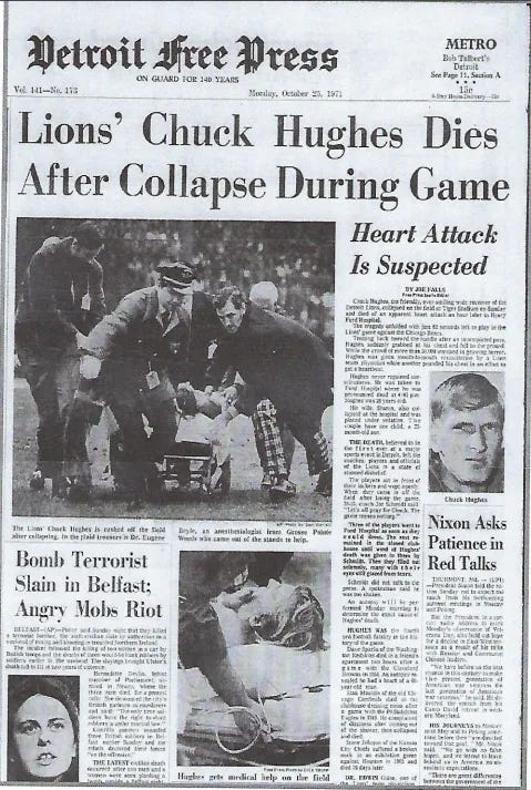 The front page of the Detroit Free Press on Oct. 25, 1971, the day after Detroit Lions wideout Chuck Hughes collapsed during a game and died.