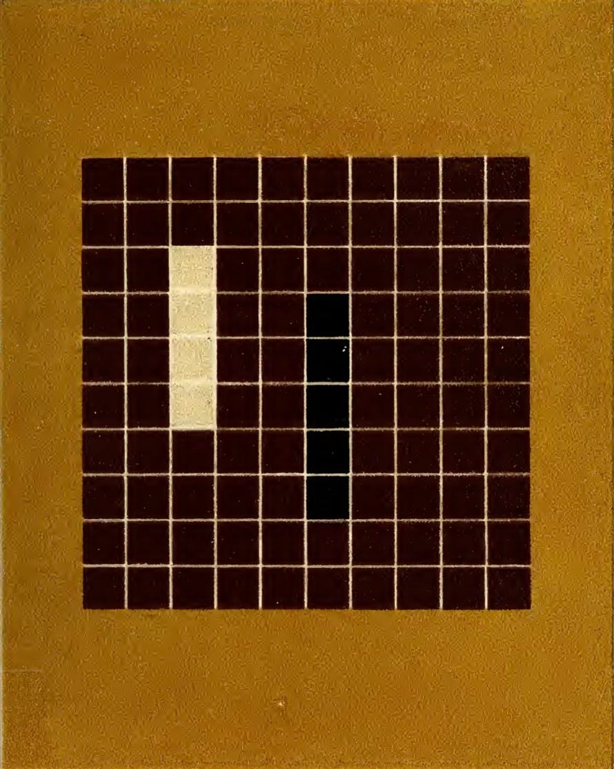 A gridded drawing similar to a tiled surface, with blocks of colors rendered in colored pencil. The background color is ochre, and there are areas with squares of black and deep purple, with one band of four tiles in cream. The image is a color analysis chart by Emily Noyes Vanderpoel, an illustration from her 1903 book Color Problems. A gridded drawing similar to a tiled surface, with blocks of colors rendered in colored pencil. The background color is ochre, and there are areas with squares of black and deep purple, with one band of four tiles in cream. The image is a color analysis chart by Emily Noyes Vanderpoel, an illustration from her 1903 book Color Problems.