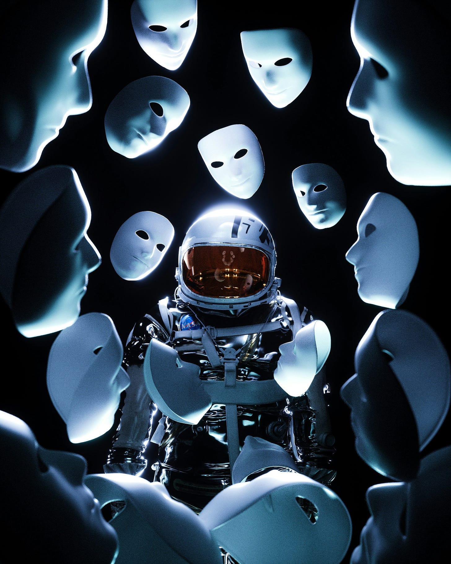 A 3D render of an astronaut against a black background, surrounded by floating expressionless white masks