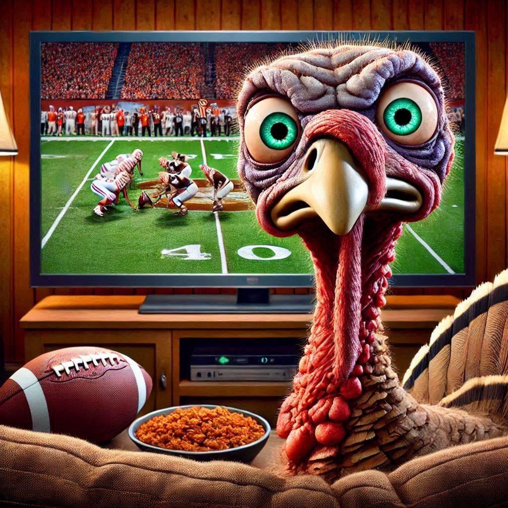 pleae draw a mildly demented looking turkey watching a football game on TV