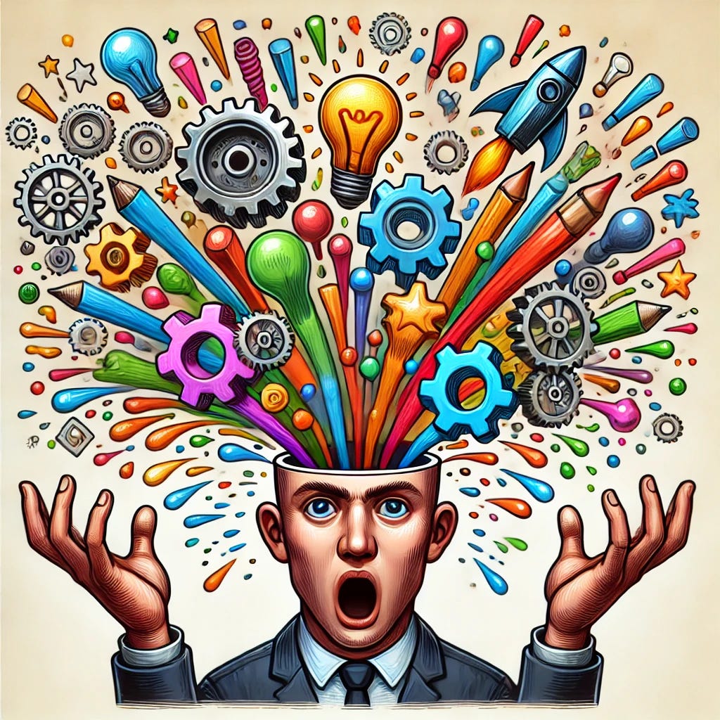 A humorous and exaggerated gender-neutral caricature of a person's head exploding with colorful elements like gears, lightbulbs, and creative ideas bursting out to symbolize a moment of overwhelming inspiration or realization. The figure has ambiguous features to avoid identifying gender, and the explosion is vibrant, cartoonish, and dynamic. The background is simple to emphasize the explosion of ideas and creativity, ensuring a playful and inclusive representation. A humorous and exaggerated gender-neutral caricature of a person's head exploding with colorful elements like gears, lightbulbs, and creative ideas bursting out to symbolize a moment of overwhelming inspiration or realization. The figure has ambiguous features to avoid identifying gender, and the explosion is vibrant, cartoonish, and dynamic. The background is simple to emphasize the explosion of ideas and creativity, ensuring a playful and inclusive representation.