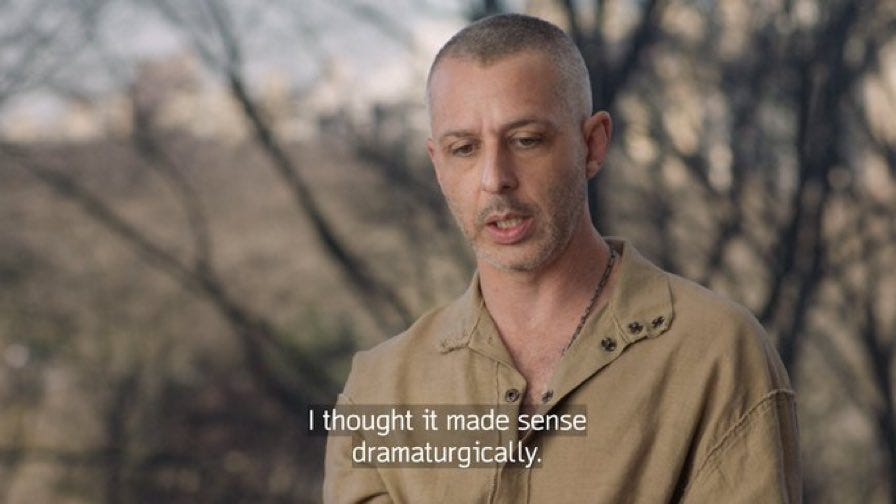 Jeremy Strong saying "I thought it made sense dramaturgically" from the Succession postshow