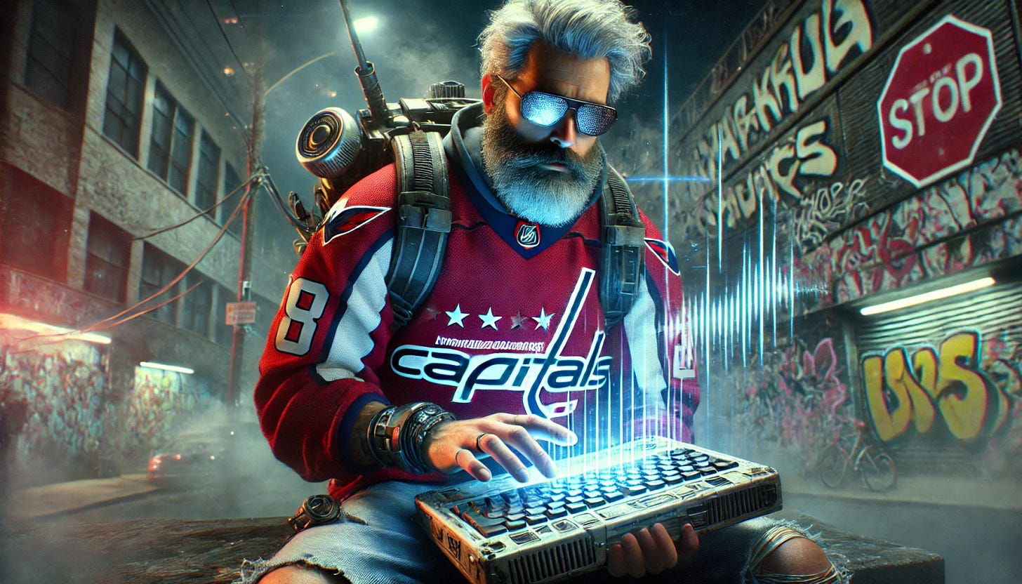 A gritty, futuristic, stylish middle-aged man with a full beard and full head of hair, wearing a worn Washington Capitals hockey jersey and rugged streetwear, with reflective sunglasses. He is working intensely on a powerful, floating notebook device that is primarily audio-based: it emits sound waves, visible vibrations, and pulsing sonic patterns rather than holographic visuals. The notebook looks battered but high-tech, blending analog aesthetics with futuristic audio tech. The scene is on a graffiti-covered rooftop at night in a cyberpunk city, filled with neon lights and urban grit. The man has a calm, cool, punk-inspired vibe. 16:9 aspect ratio.