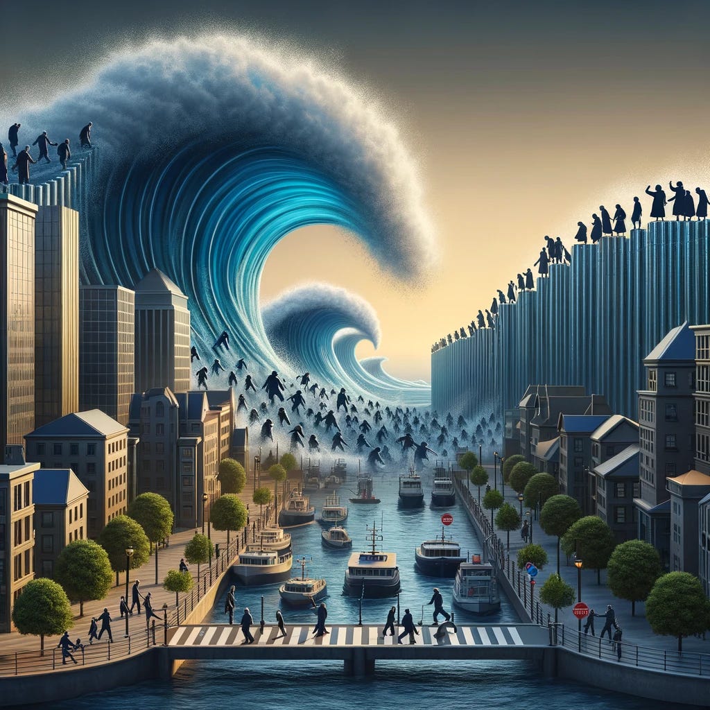 An illustrative representation of 'The Economics of Aging Demographics - Defending Against the Silver Tsunami'. The image portrays a dynamic scene where a wave, symbolizing the 'silver tsunami' of aging populations, is about to crash onto a coastal city. The wave is composed of silhouettes of elderly people, representing the growing demographic of older adults. In defense, the city has robust infrastructure, symbolizing economic and social strategies, like healthcare facilities, educational institutions, and financial establishments. These structures are depicted as barriers protecting the city, illustrating the proactive measures taken to manage the challenges posed by an aging population. The scene conveys the concept of preparing and strengthening societal systems to support the economic and social impact of a rapidly aging demographic.