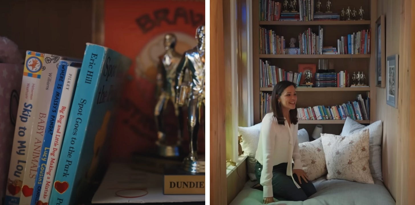 Detail shot of Jennifer Garner's kids' books and a shot of her sitting in their reading nook.