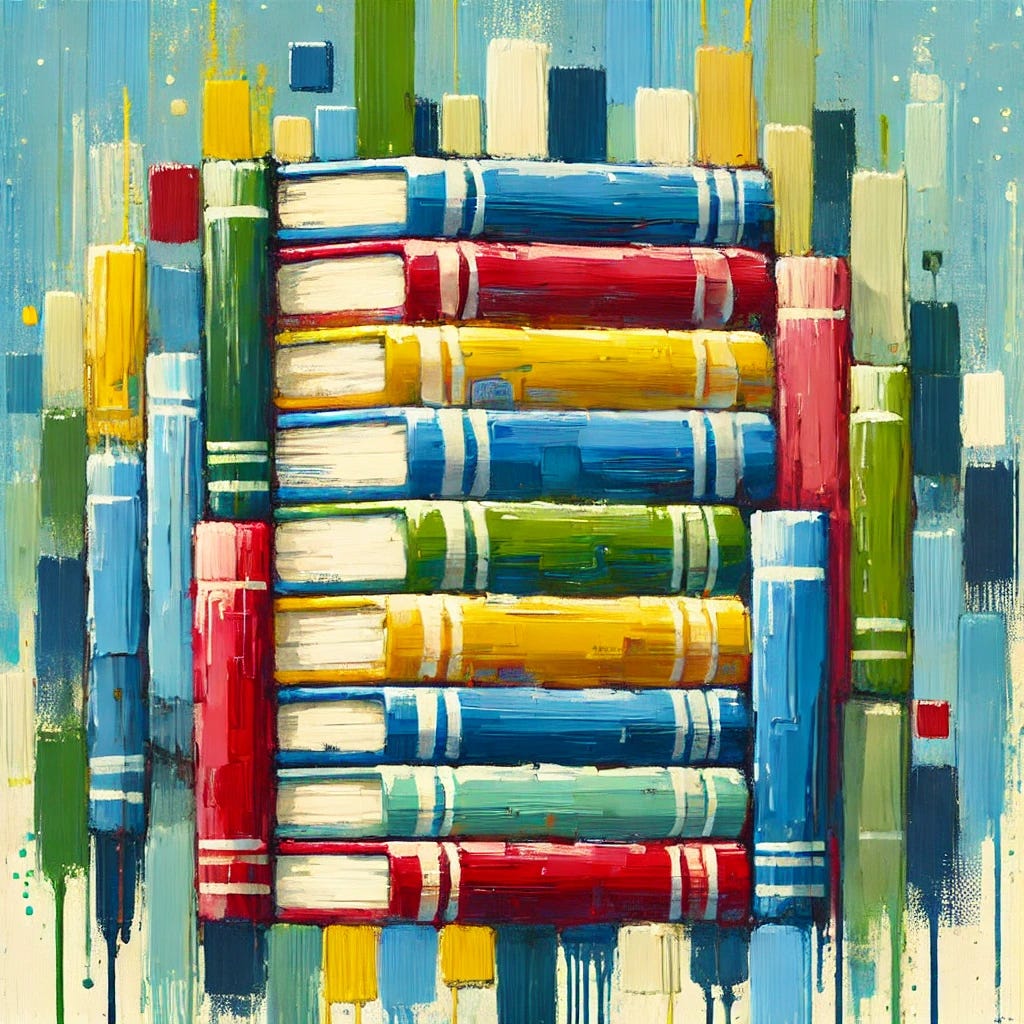 An abstract and playful painting representing a stack of colorful books with visible brushstrokes. The books are depicted as simple rectangular shapes in bright, vibrant colors like red, yellow, and blue, arranged in a harmonious and balanced way. The background features various shades of green and blue to create a natural and calming atmosphere. The composition is flat and two-dimensional with a decorative, artistic feel, emphasizing simplicity and playfulness. The brushstrokes are lively and textured, conveying a sense of energy and creativity.