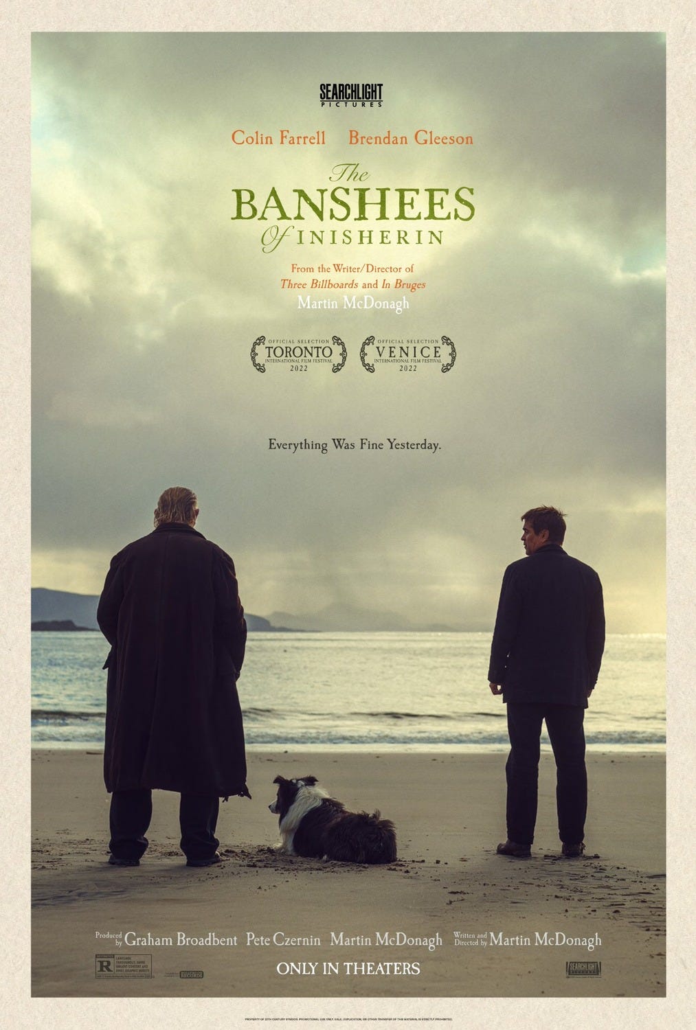 A movie poster for The Banshees of Inisherin. The two main male character have their backs to the viewer as they watch the ocean. A black and white collie is also present.