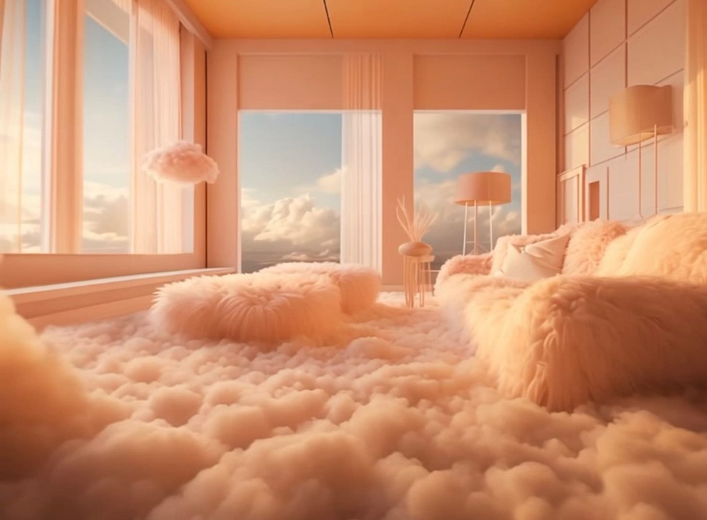 Fluffy cloud computer generated living room of Pantone's colour of the Year, Peach Fuzz