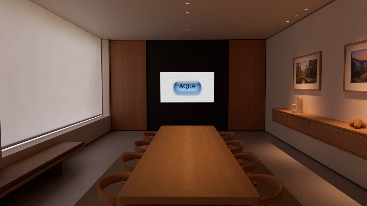 The Conference Room Environment in Keynote on Apple Vision Pro. There is an aqua slide presented on the television.