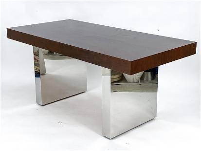 MODERN CHROME AND WOOD DESK: Beautiful wood and chrome desk / writing table reminiscent of the Rodger Sprunger Dunbar executive desk. Apparently unmarked. Dimensions: H 30.25" x W 66.5" x D 32.25" Condition: Minor surface wear, d