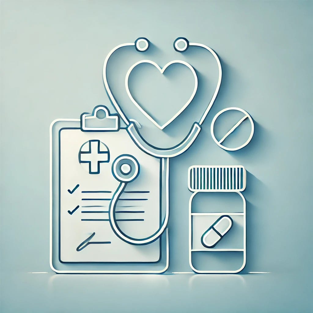 A simple, clean graphic representing healthcare. The image shows a stethoscope, medical clipboard, pill bottle, and a heart symbol, all arranged in a minimalist style. The stethoscope is looped around the heart symbol, the clipboard is positioned below with a checkmark on it, and the pill bottle stands beside the clipboard. The background is light blue, with a soft gradient, and the objects are drawn in white outlines with light shadows for depth, creating a modern and approachable look.