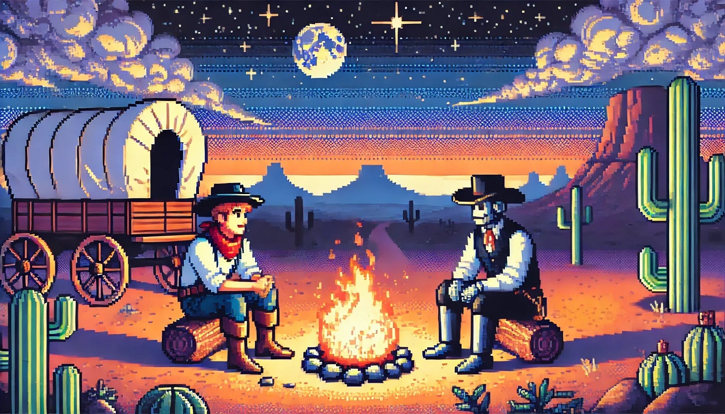 A pixel art scene of a cowboy and a robot sitting across from each other with a glowing campfire between them. The cowboy wears a classic hat and boots, with no pipe or object extending from his mouth. The robot has a sleek metallic design. The backdrop features a starry night sky and a vast desert landscape with cacti and distant mesas. Off to one side, a covered wagon is parked, ensuring the wagon appears with proper proportions and no extra wheels. The image is designed in the style of a 1980s adventure computer game, with a warm and nostalgic color palette highlighting the campfire's glow and the cool night sky.