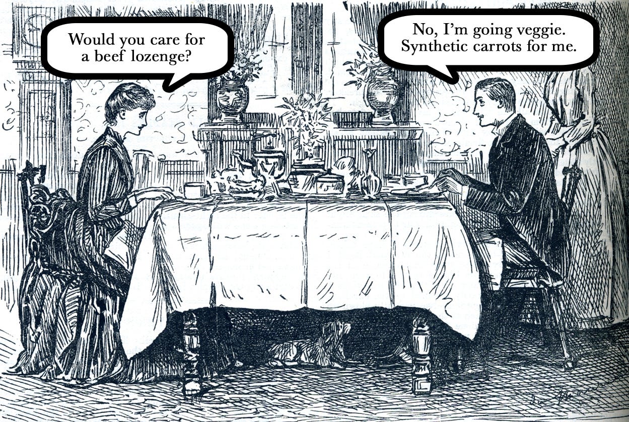 A Victorian couple sit down to dinner in a black and white engraving. Speech bubbles show them discussing bizarre food choices