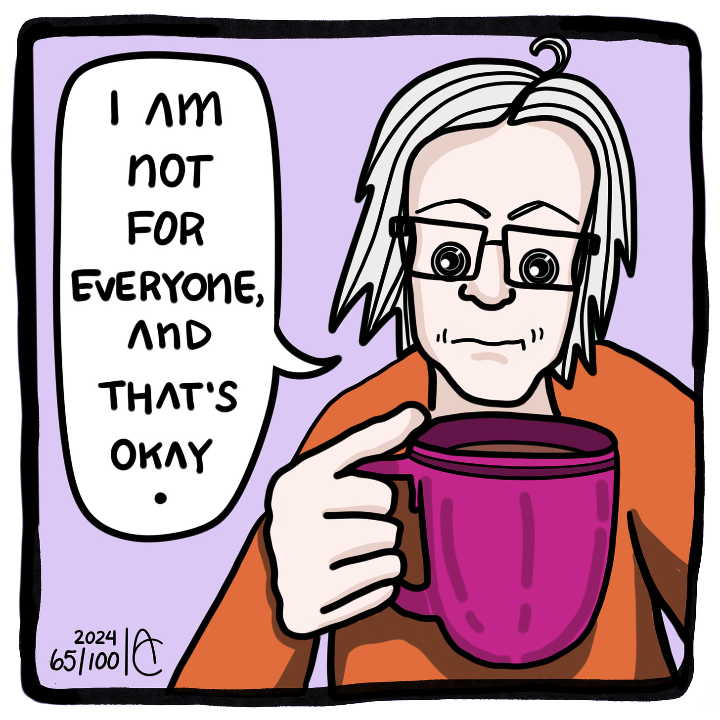Comic affirmation with woman holding coffee cup.
