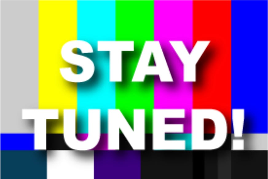 Stay tuned written across colorful striped background like on old-fashioned TV
