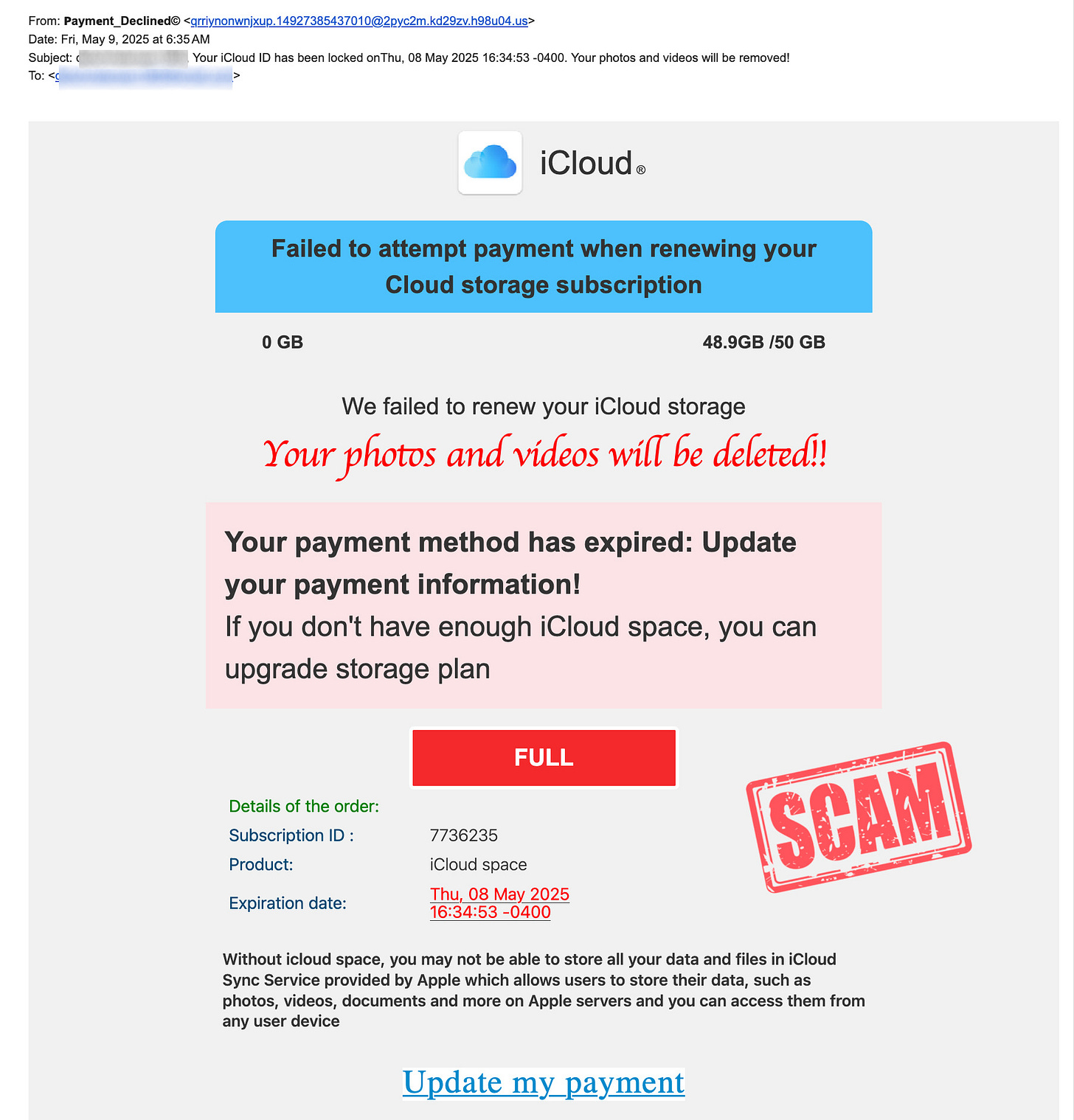 Screenshot of email claiming that your iCloud payment failed.