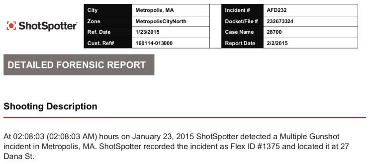 A screenshot of the top of a generic ShotSpotter Detailed Forensic Report