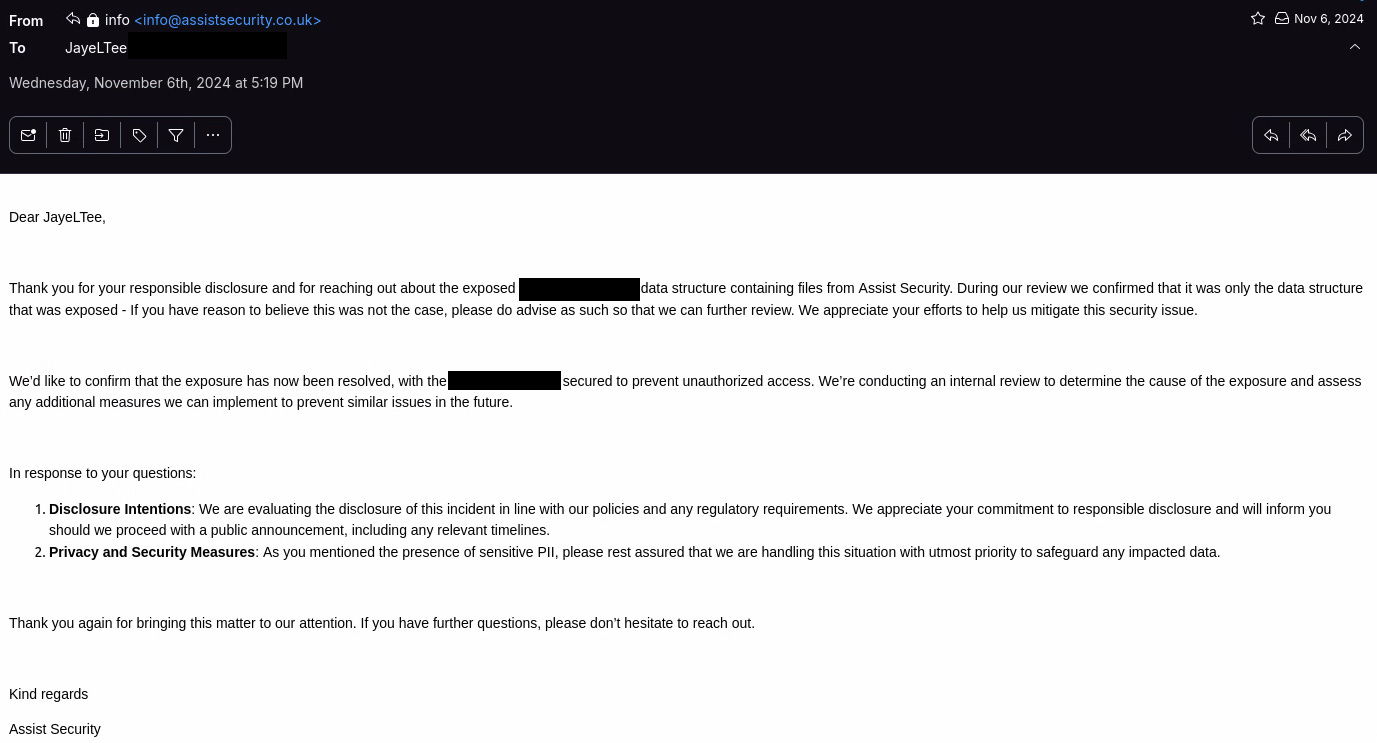 Assist Security first email response. The company thanks me for the disclosure and claims only the data structure was exposed. They also mention they are evaluating the disclosure of the incident.