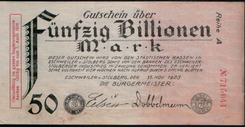 50 trillion (50 Billionen, 5×1013) marks Eschweiler, 1923