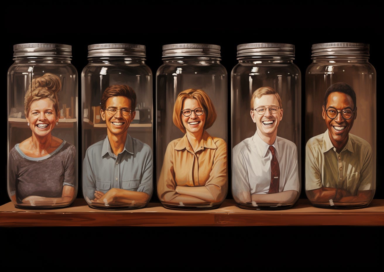 Smiling people in jars
