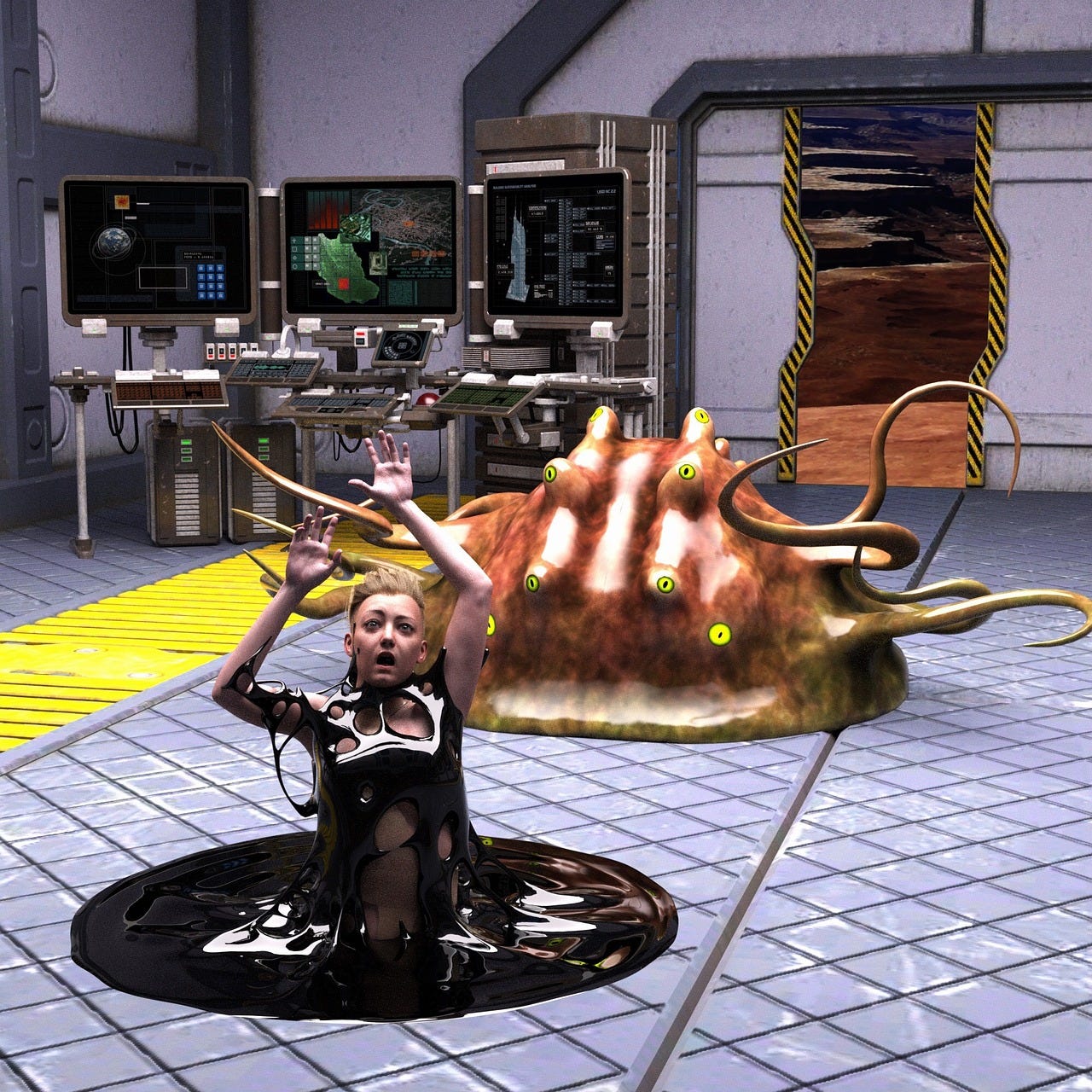 A CGI image of a tentacled alien and a melting cyborg girl in front of a computer databank on a ship or facility on an alien planet.