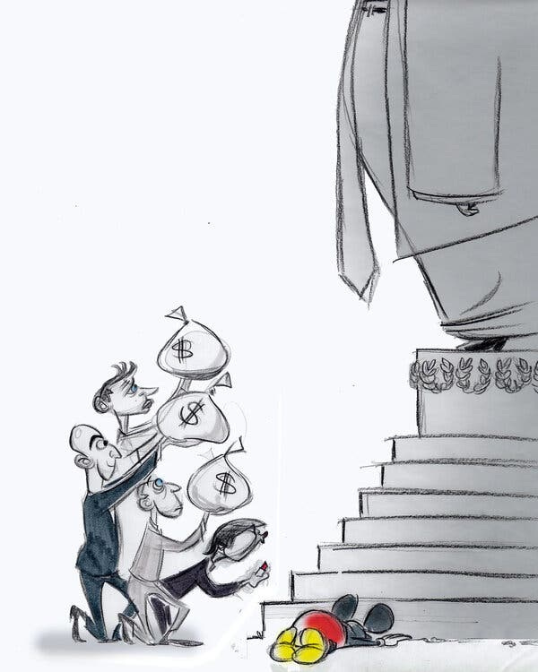 A cartoon depicts several people, including some resembling Jeff Bezos, Mark Zuckerberg, Sam Altman and Patrick Soon-Shiong, kneeling and holding up bags of money at the feet of a statue that resembles Donald Trump, while Mickey Mouse is prostrated alongside them.