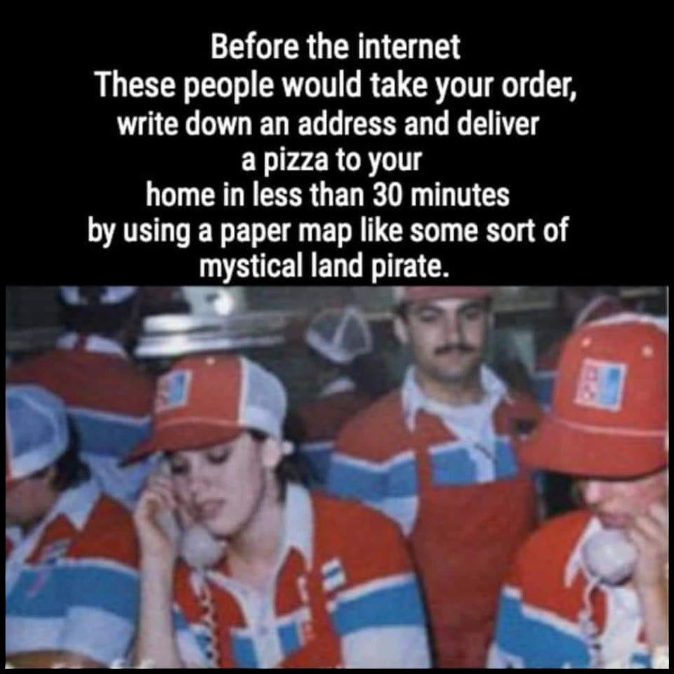 Image of clerks answering phones in a 1980s pizzeria, with the words above the photo, stating, "Before the internet, these people would take your order, write down an address and deliver a pizza to your home in less than 30 minutes by using a paper map like some sort of mystical land pirate."
