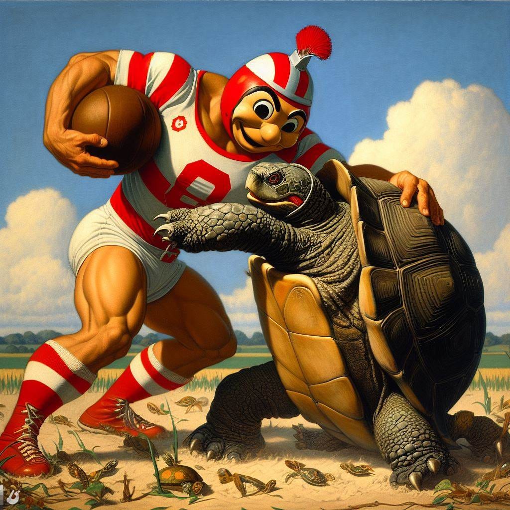 Brutus the Buckeye and a turtle wrestling, in the style of Norman Rockwell