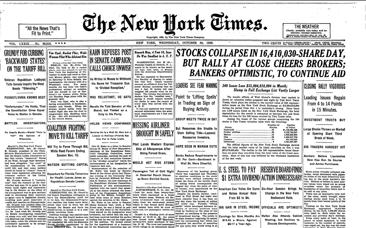 New York Times: Stocks collapse but rally at close cheers brokers; bankers optimistic, to continue aid