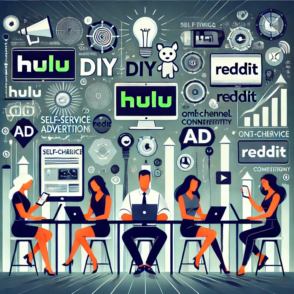 A modern and dynamic illustration showcasing the concept of DIY advertising platforms. The image features a diverse group of small business owners using laptops and tablets, actively creating ad campaigns on platforms like Hulu, Reddit, and Paramount. The background includes stylized representations of these platforms with logos subtly integrated, depicting self-service ad interfaces. Surrounding the business owners are icons of analytics, creativity (lightbulb), and omnichannel connectivity (arrows connecting multiple platforms), symbolizing the shift in advertising trends. The overall style is sleek and professional, with a focus on accessibility and innovation.