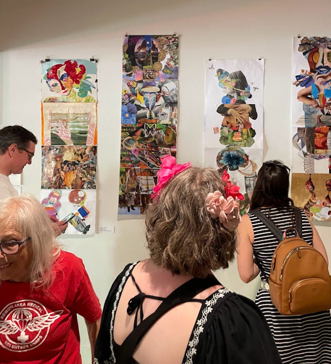 snapshot of four visitors at a gallery space admiring the finished "exquisite corpse" works created by 4 sets of collage artists each