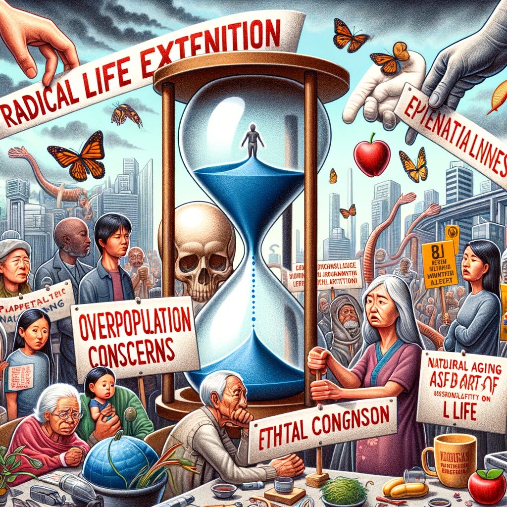 A thought-provoking illustration depicting various reasons why people might oppose radical life extension. The scene is a collage of different elements, each representing a common concern or argument against life extension. On one side, there's a group of people of various ages and descents (Asian, Black, Hispanic, and Caucasian) holding protest signs, with phrases like 'Natural Aging is Part of Life', 'Overpopulation Concerns', and 'Ethical Dilemmas in Longevity'. Another part shows a worried family looking at an overflowing hourglass, symbolizing fears about the societal and economic impacts of extended lifespans. In another corner, a pair of hands are shown releasing a butterfly, representing the natural cycle of life and death. The background is a blend of urban and natural landscapes, indicating the broad spectrum of societal and environmental considerations involved in the debate about radical life extension.