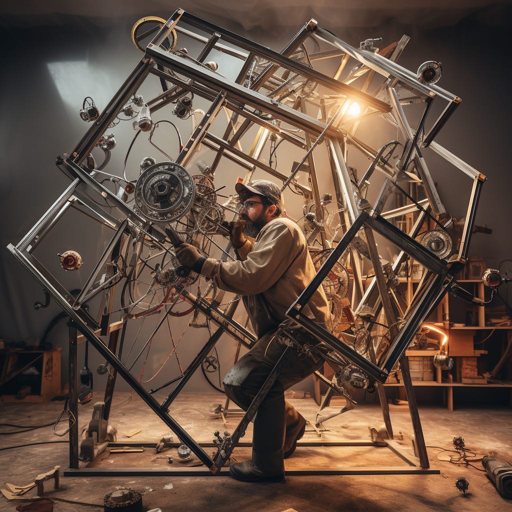 An office worker carefully constructing a mighty metal framework that is surrounding him and keeping him from actually working