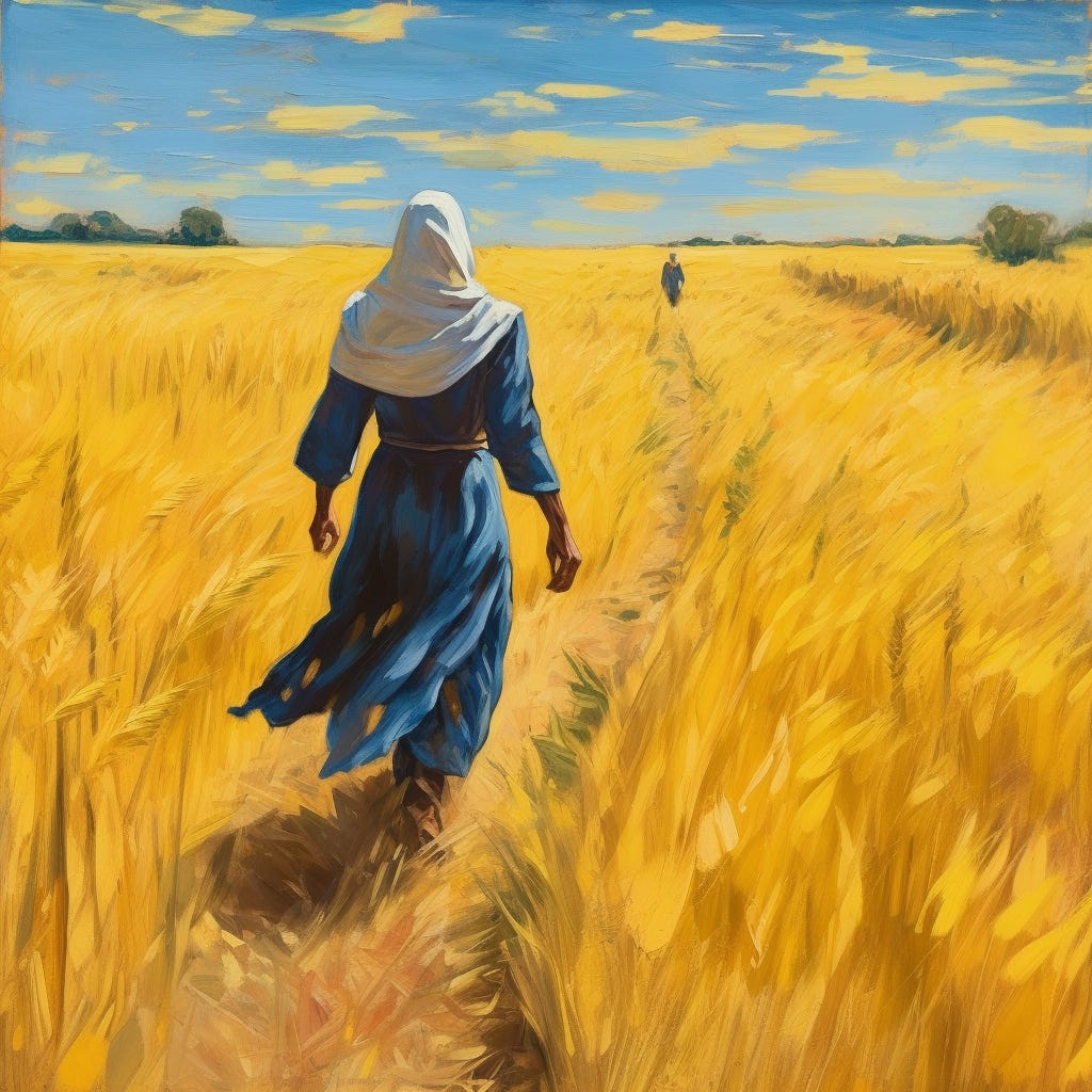 A dark-skinned woman in a blue robe and white habit walks through a swaying field of wheat toward another woman dressed similarly in the distance.
