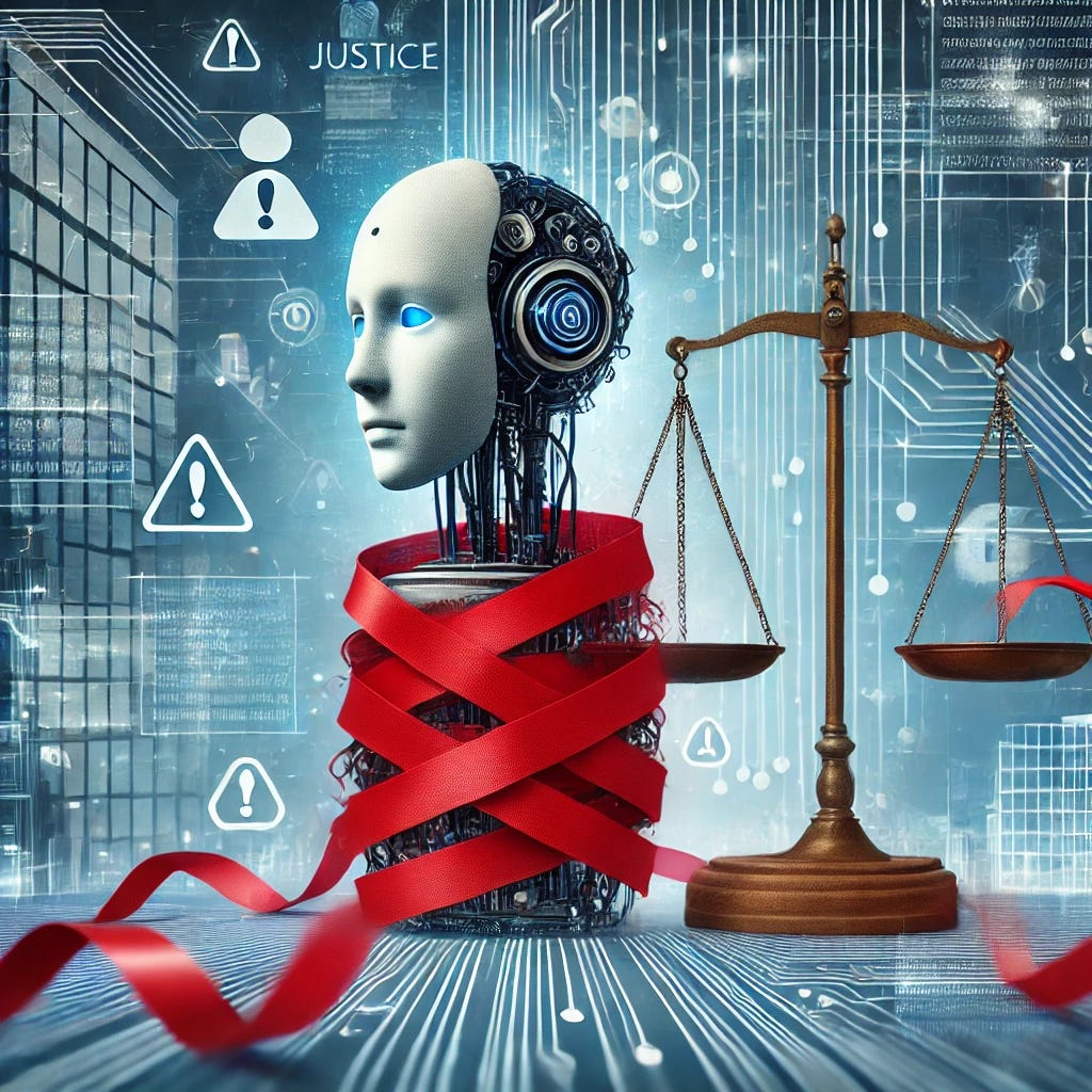 An abstract and professional illustration representing the concept of 'falling foul of the law' in a technology and AI context. The image includes a futuristic AI system or robot entangled in red tape, with a symbolic balance scale nearby tipped unevenly, representing justice and compliance challenges. The background features corporate-style buildings and a digital network with error or warning icons subtly integrated. The style is modern, clean, and visually thought-provoking, suitable for a business and legal compliance article.