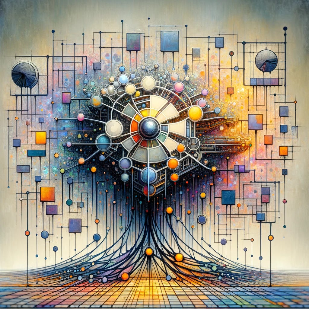 Create an artistic representation of the academic paper 'LoRA: Low-Rank Adaptation of Large Language Models'. The image should symbolize the concept of adapting large language models using low-rank matrix adaptations. Visualize a large, complex neural network, indicating a Transformer model, with highlighted segments representing the low-rank adaptation process. Include abstract representations of data flow and matrix operations to symbolize the efficiency and targeted updates of the LoRA technique. The art should capture the essence of enhancing pre-trained models with minimal adjustments for specific tasks, reflecting the innovative approach of the LoRA method in machine learning and natural language processing.