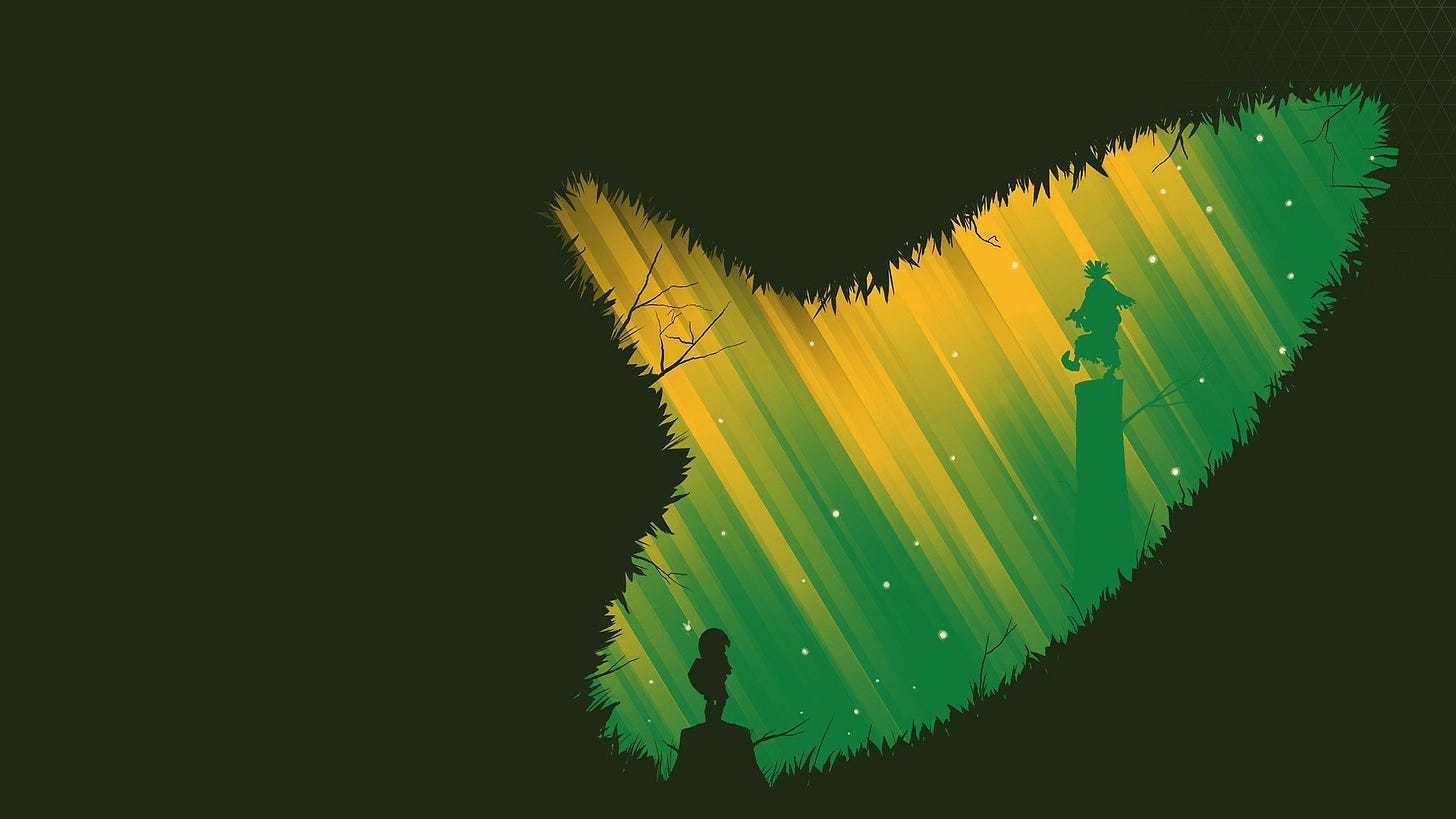 HD desktop wallpaper featuring silhouettes of Link and Navi from The Legend of Zelda: Ocarina of Time against a stylized green backdrop.