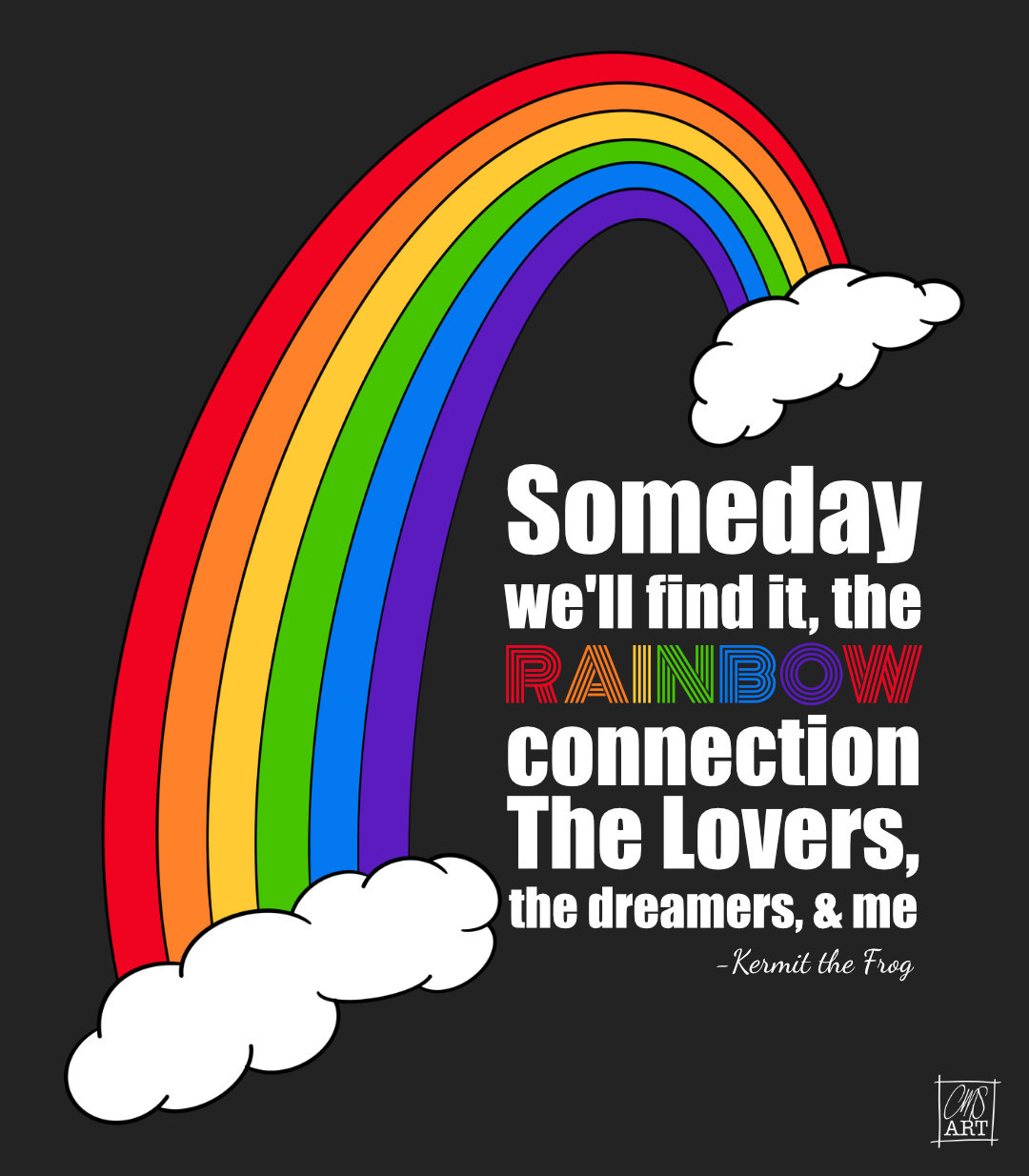 bright rainbow popping out of clouds on a dark backdrop. next to the rainbow is the quote "Someday we'll find it, the RAINBOW connection The Lovers, the dreamers, & me" ~ Kermit the Frog