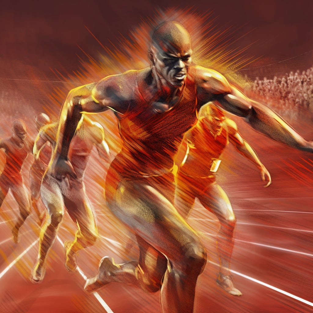 A 100m dash, close-up of the leader with other sprinters running in the background, digital art