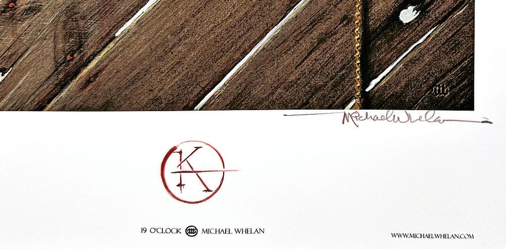 Detail from the bottom of a signed 19 O'CLOCK print featuring a painted remarque of the KA symbol in the lower margin. The symbols is made of the combined letters K and A bound within an uneven circle. The remarque is executed in red acrylics.