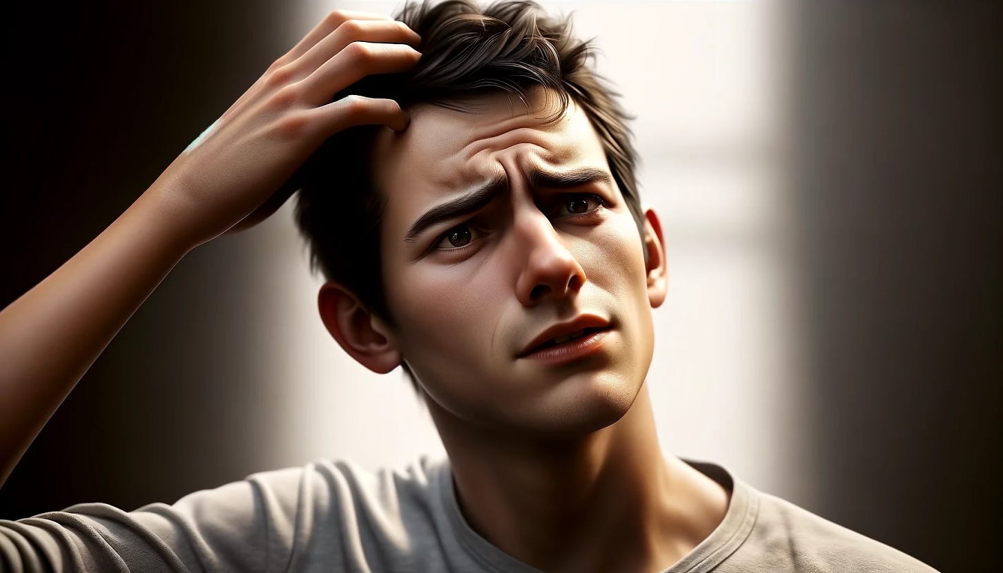 A hyper-realistic image of a young man in his early twenties, embodying a sense of deep confusion. Instead of shrugging, he is captured in the act of scratching his head, symbolizing his puzzlement. His hand is raised to his head, fingers slightly curled as they gently scratch his scalp. His facial expression is one of intense perplexity, with deeply furrowed brows, eyes looking off into the distance, and a slightly open mouth, as if he's deep in thought and completely baffled. The background is blurred and nondescript, ensuring the focus remains on the young man's expressive face and the head-scratching gesture. The lighting is natural and soft, enhancing the realistic quality of the image.