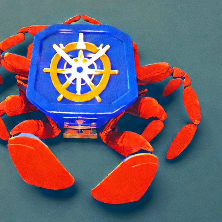 a stylized and slightly disturbing crab-like-creature carrying a blue computer-chip-y thing on its back with an approximation of the Kubernetes logo emblazoned on it