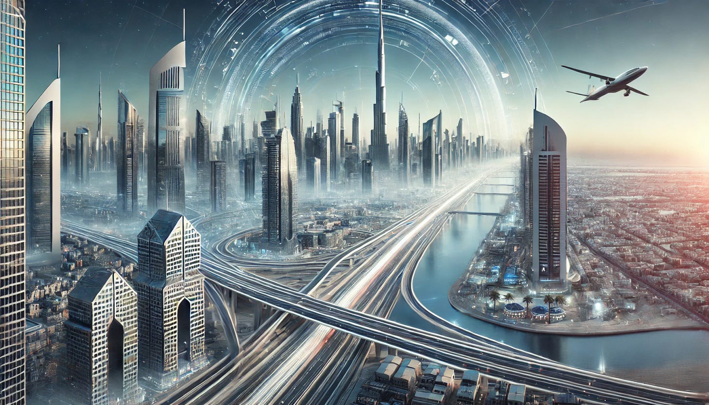 A futuristic panorama of Dubai showcasing skyscrapers, advanced technology, and a vibrant modern atmosphere. The scene includes iconic tall buildings, advanced transportation systems, and a bustling cityscape. The design is sleek and modern, emphasizing the cutting-edge architecture and dynamic environment. The image is in a 16:9 aspect ratio, highlighting the widescreen view and detailed panorama of the city.