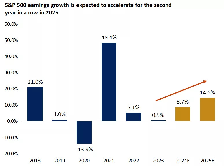  The chart shows the S&P 500 earnings growth which is estimated to accelerate in 2025.
