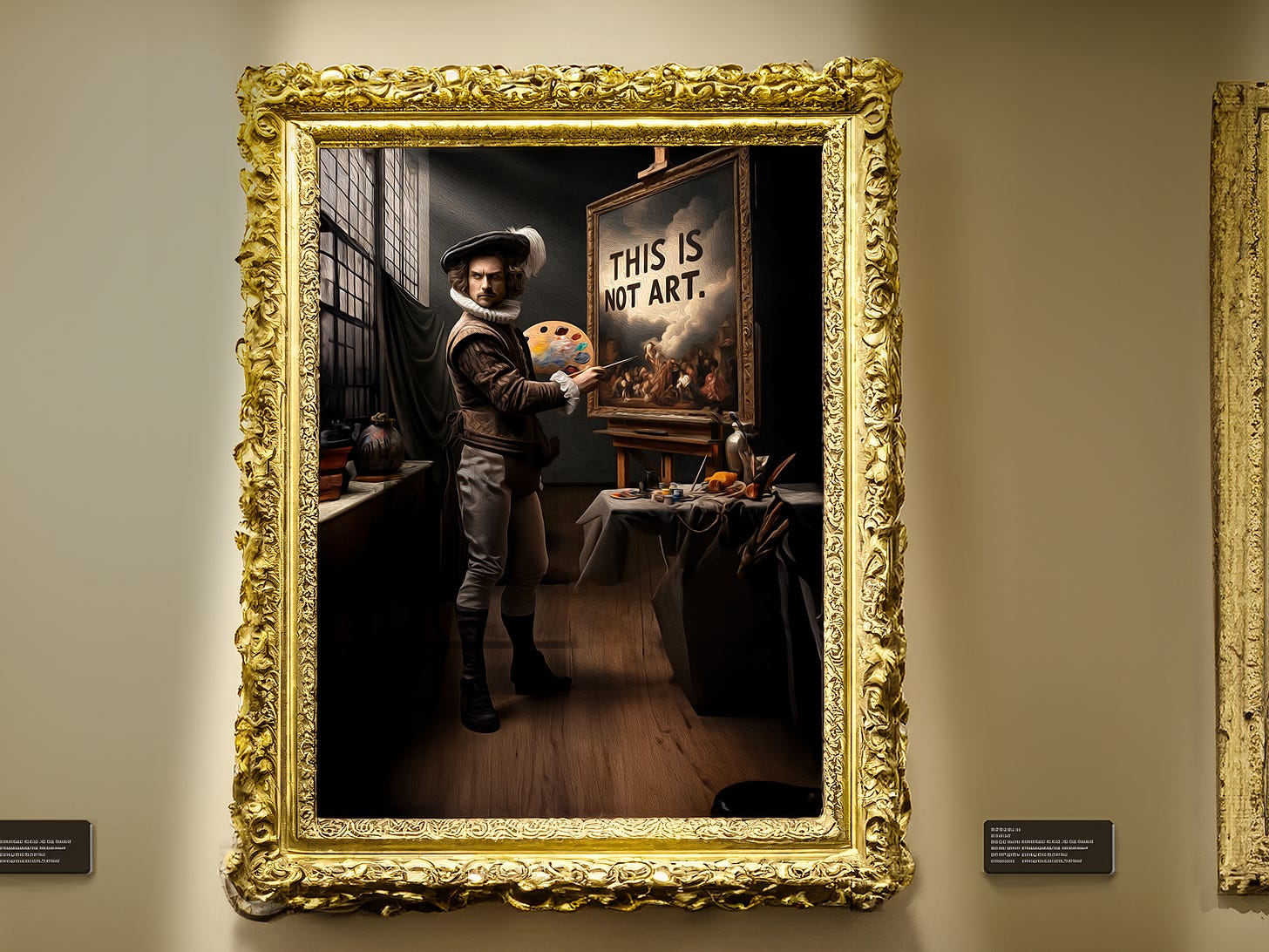 This digital image by the author, "Ceci n'est pas Dada" depicts a man painting at an easel in an ornate gold frame. The title "THIS IS NOT ART." on the canvas, along with the artwork's actual title referencing Magritte, creates a multi-layered irony. The man's 17th century attire and the painting's chiaroscuro lighting evoke Rembrandt, while surreal, anachronistic elements represent the "Cyber-Dada" style. The piece subverts artistic conventions on multiple levels: classical techniques juxtaposed with digital media, Dadaism's subversive spirit reimagined for the digital age, and the ironic title suggesting the artwork is not Dada while embodying its essence. This creates a thought-provoking commentary on art, authenticity, and perception, mirroring the artist's experience as an autistic individual challenging societal norms. "Ceci n'est pas Dada" invites viewers to question the nature of art and identity, just as Dada subverted classical art, and Cyber-Dada now subverts Dada itself. Digital tools included AI.
