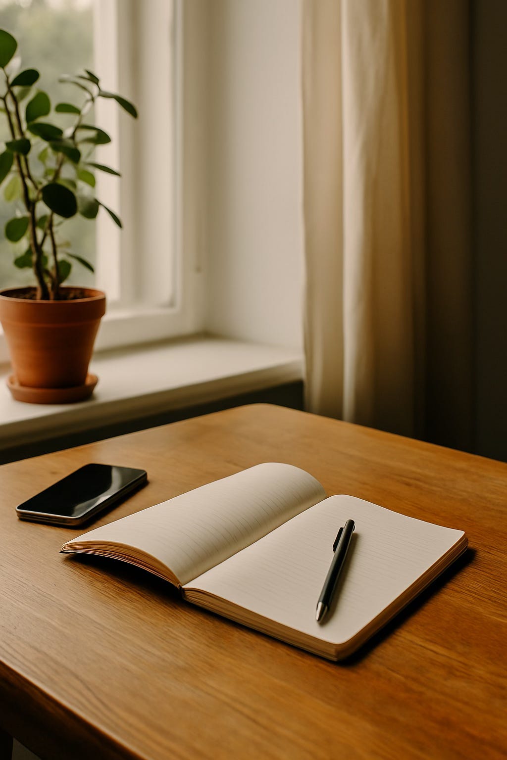 A naturally lit wooden table with an open notebook, a black pen resting on the page, a smartphone nearby, and a leafy plant on the windowsill in the background.