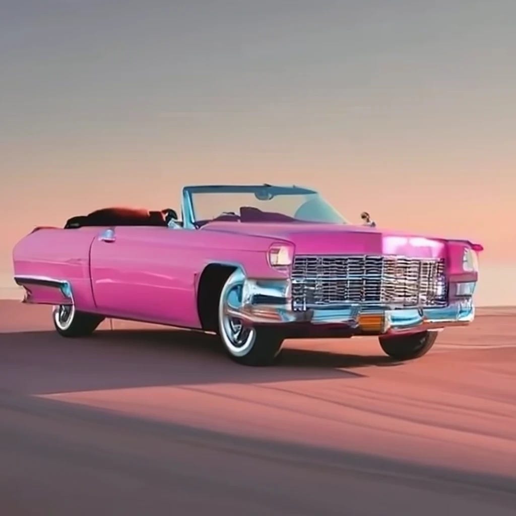 pink cadillac convertible driving on desert highway
