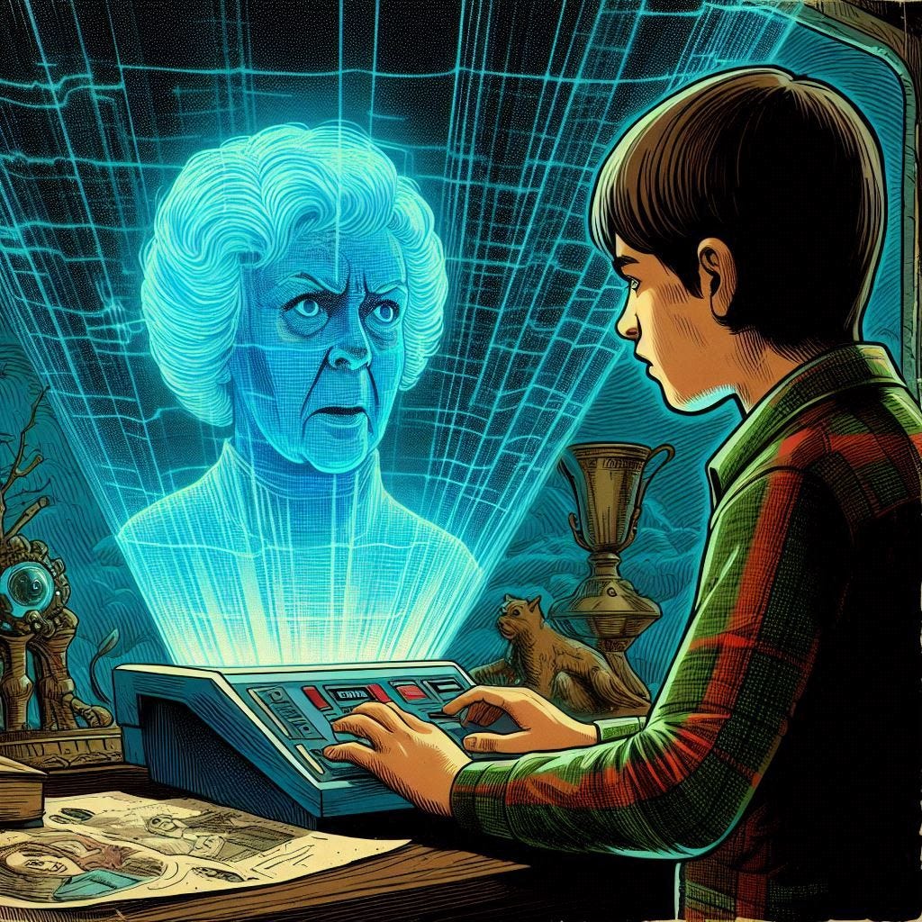 ten-year old boy looking at an angry hologram of his grandmother, 70s sci-fi drawing