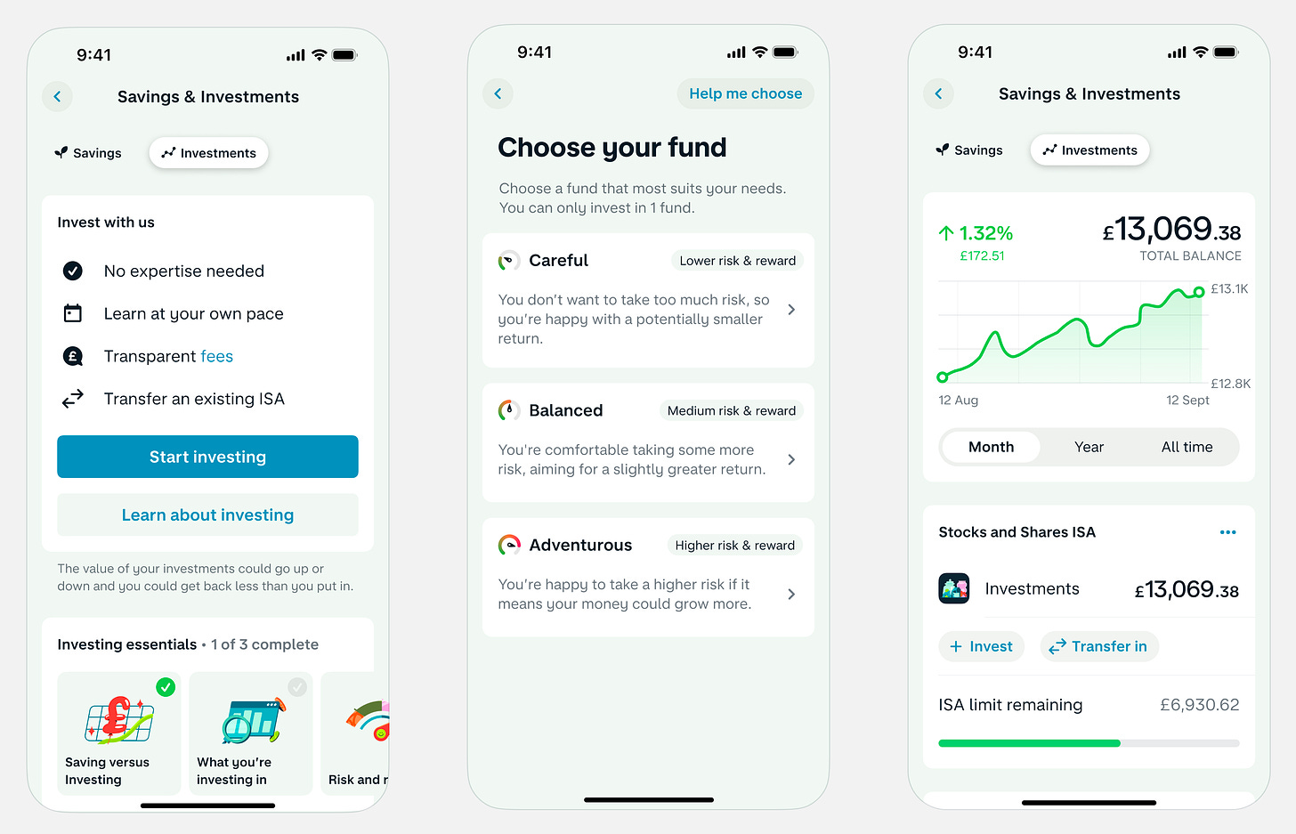 Screens of Monzo's investment feature