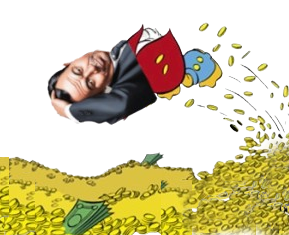 Elon musk as Scrooge Mcduck diving into Scrooge's money bin